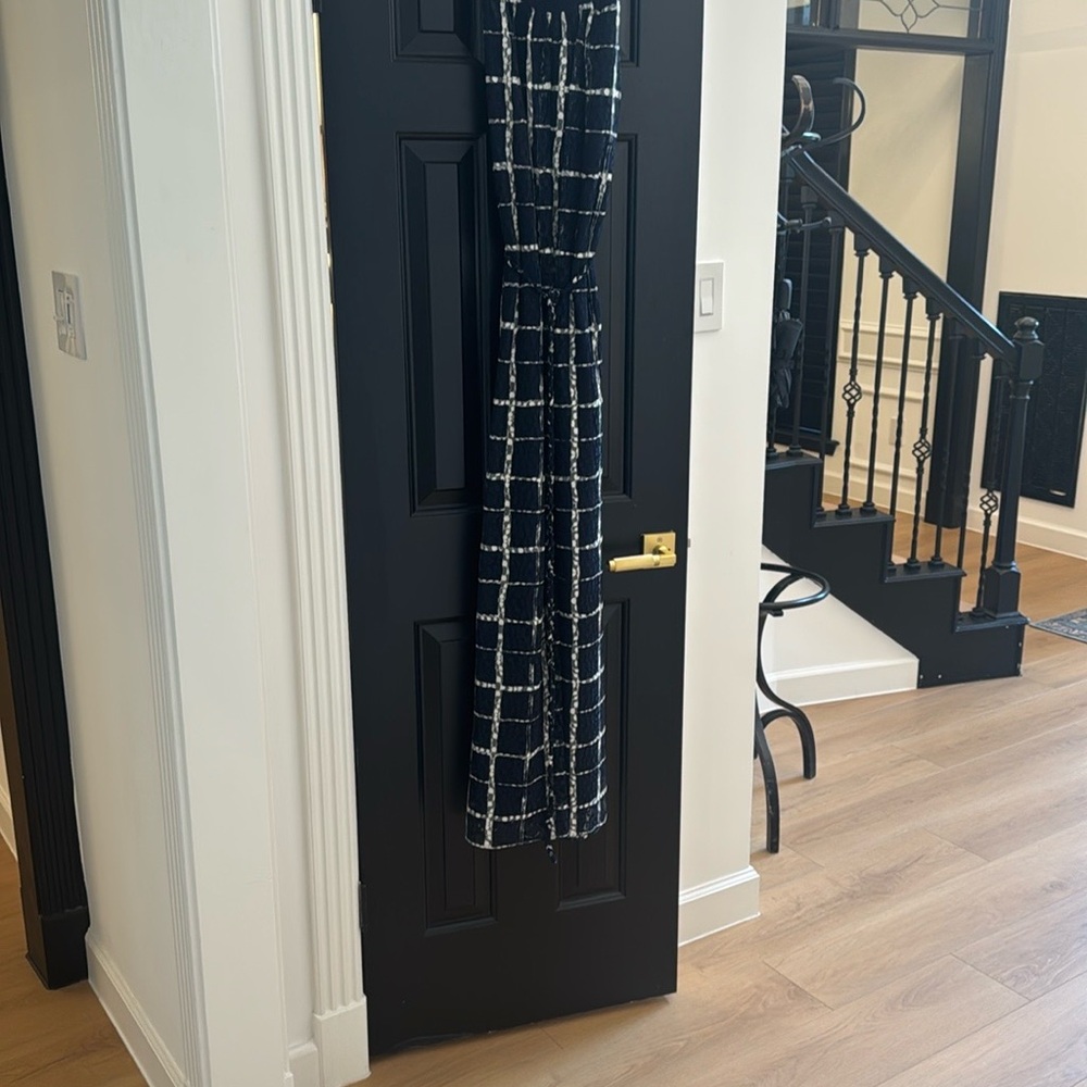 Saks Fifth Avenue Navy & White Checked Pattern Double Layered Belted Maxi Dress